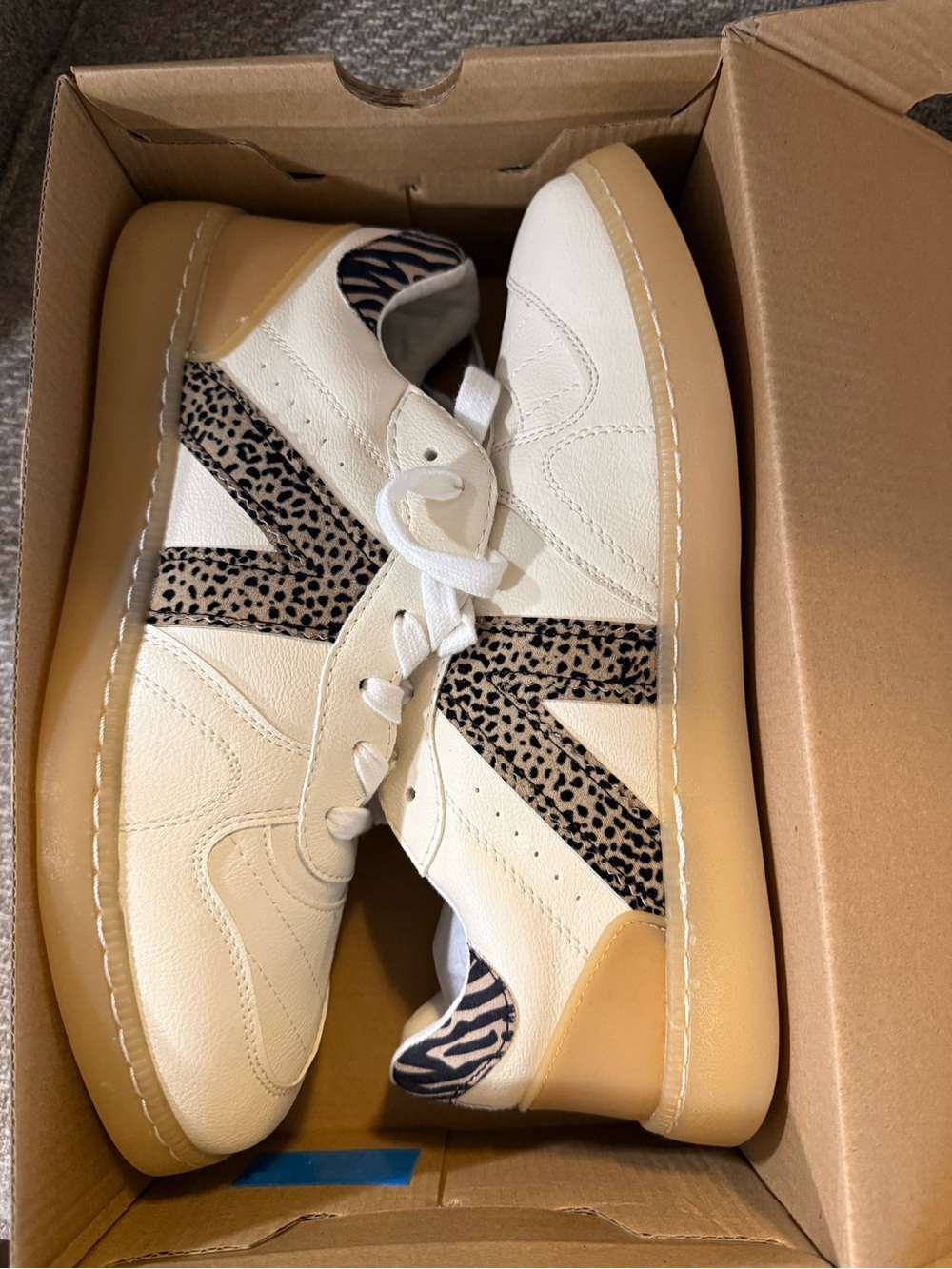 MIA White Cream Sneakers with Tan Soles and Black Leopard Accent